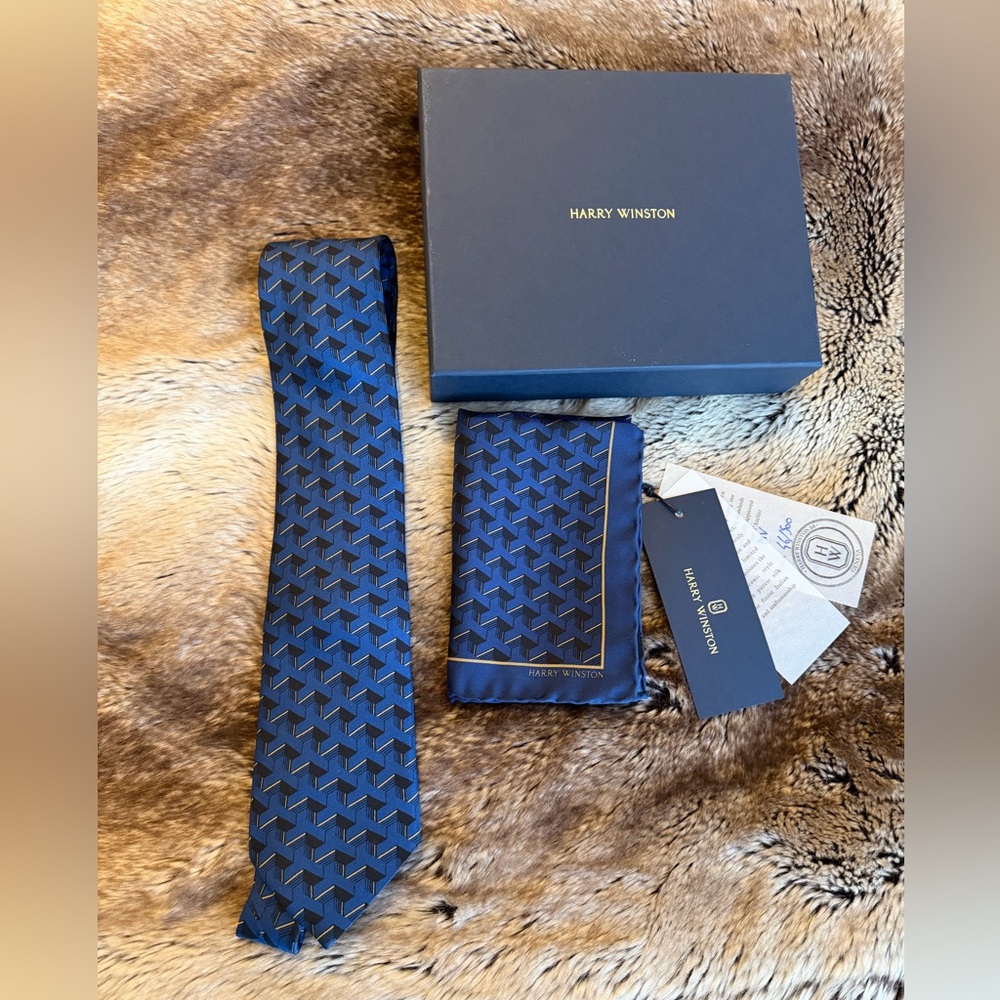 Harry Winston Navy Geometric Tie and Pocket Square Set